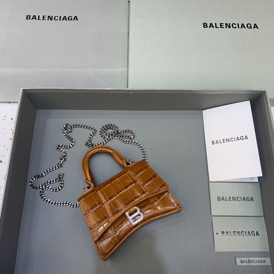 Balenciaga Hourglass Mini Handbag With Chain Crocodile Embossed Shoulder Bag Brown